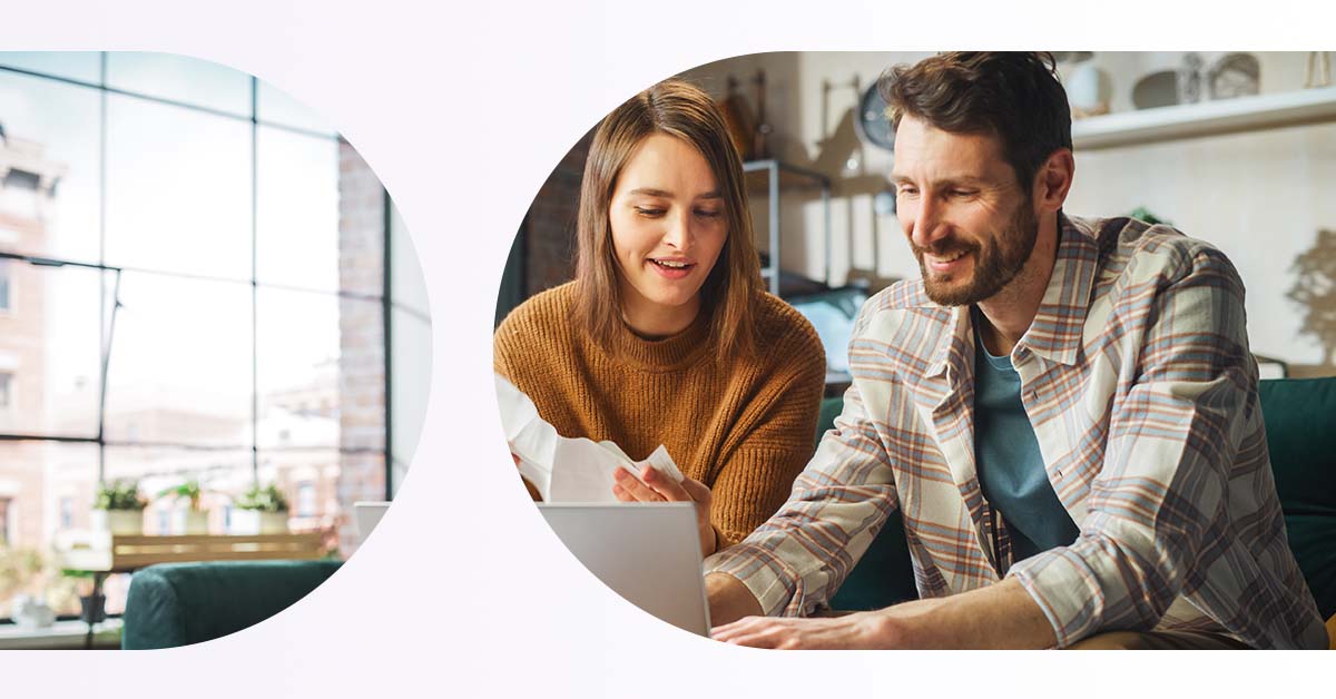 stock image of a man and woman looking at a laptop; instant payout; cheque payments; insurance; insurtech; payments; fintech