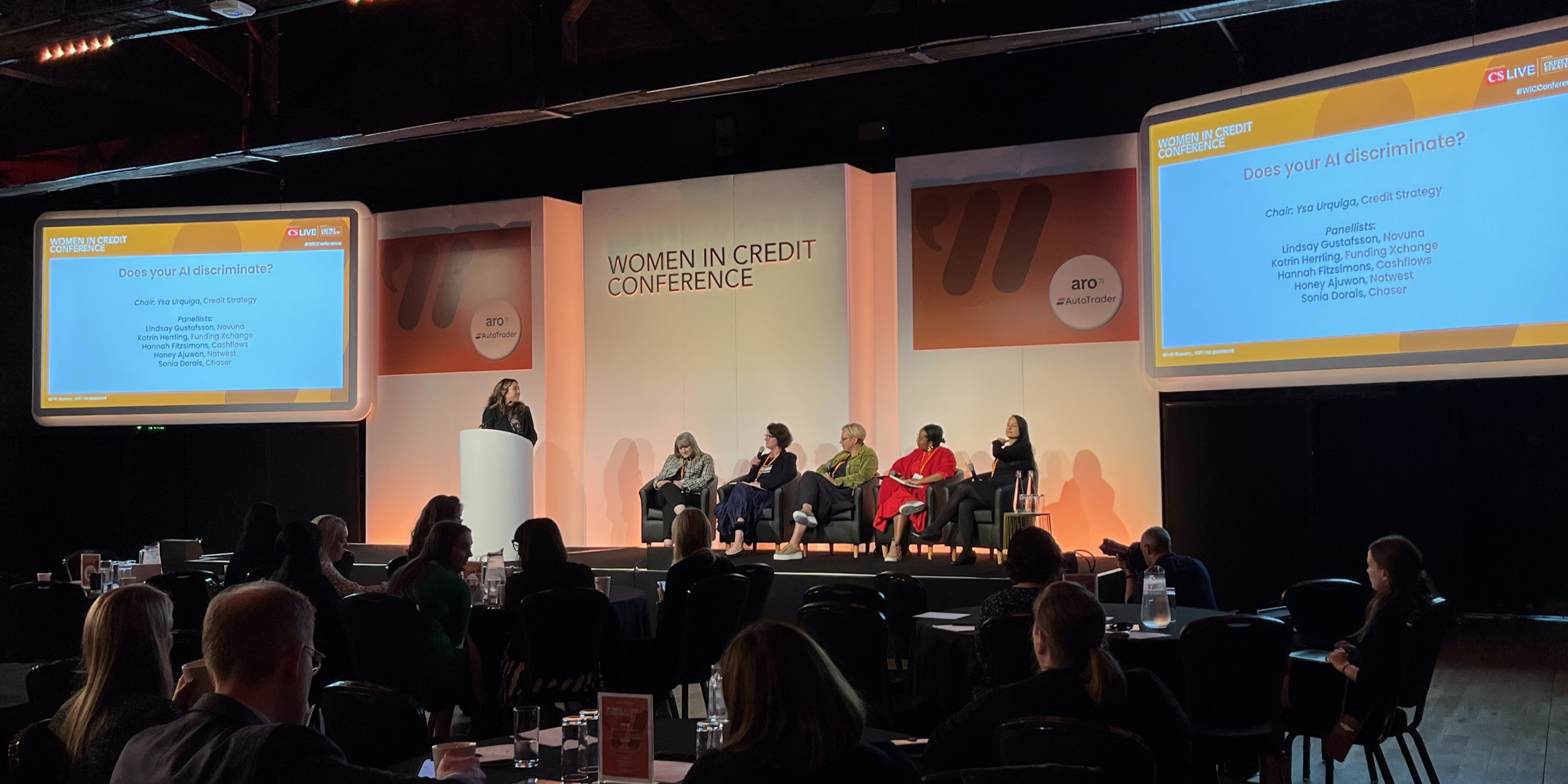 CEO of Cashflows, hannah Fitzsimons, at the Women in Credit Panel on 'Does your AI discriminate?'; AI; Artificial Intelligence; discrimination in tech; payments; fintech; women in leadership; thought leadership